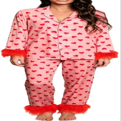 Yiulangde Valentines Red Silk Heart Pajamas for Women Feather Trim Sexy Long Sleeve Satin Pjs Coquette Pajama Pants Lounge 2 Piece Set