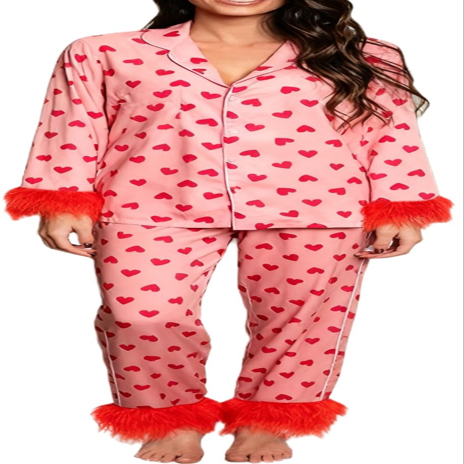 Yiulangde Valentines Red Silk Heart Pajamas for Women Feather Trim Sexy Long Sleeve Satin Pjs Coquette Pajama Pants Lounge 2 Piece Set