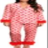 Yiulangde Valentines Red Silk Heart Pajamas for Women Feather Trim Sexy Long Sleeve Satin Pjs Coquette Pajama Pants Lounge 2 Piece Set view 1