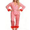 Yiulangde Valentines Red Silk Heart Pajamas for Women Feather Trim Sexy Long Sleeve Satin Pjs Coquette Pajama Pants Lounge 2 Piece Set view 2