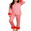 Yiulangde Valentines Red Silk Heart Pajamas for Women Feather Trim Sexy Long Sleeve Satin Pjs Coquette Pajama Pants Lounge 2 Piece Set view 3