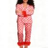 Yiulangde Valentines Red Silk Heart Pajamas for Women Feather Trim Sexy Long Sleeve Satin Pjs Coquette Pajama Pants Lounge 2 Piece Set view 4