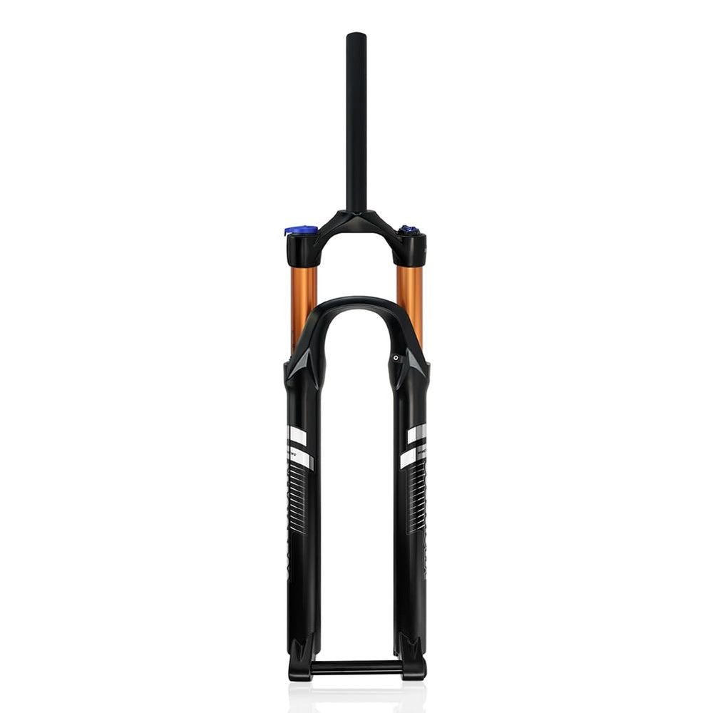 MLIKYRGK 27.5/29In Mountain Bike Air Suspension Fork Boost Thru Axle 15 * 110mm Front Fork 90mm Travel Straight/Tapered Tube Manual/Remote Lockout Rebound Adjust Disc Brake(Gold,27.5" 1-1/8 HL)