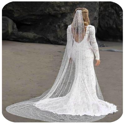 Aiosy Cathedral Wedding Veils Long Pearl Bride Veil with Comb White Lace Brides Hair Accessories 1 Tier 118 Veils for Women (Cathedral Length 300cm/118inch)