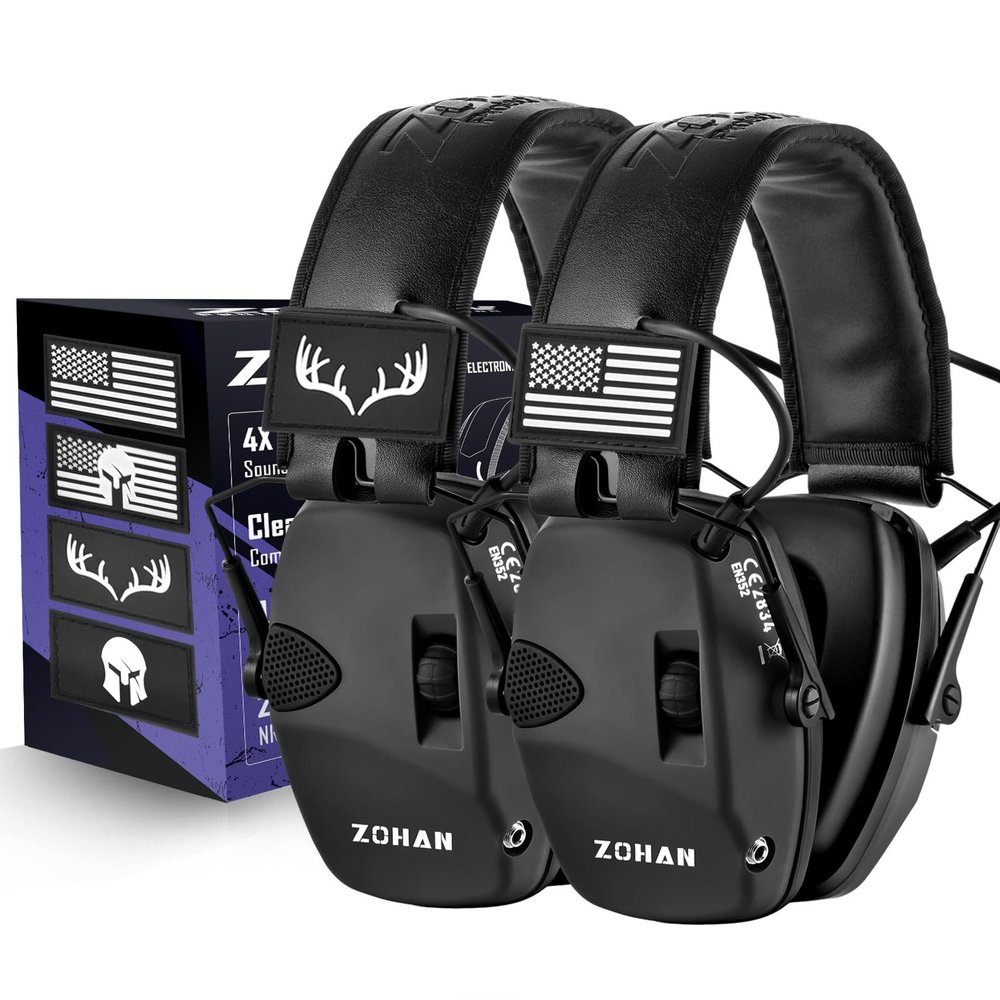 ZOHAN Electronic Shooting Earmuffs with Patches, 2Pack Hearing Protection for Shooters, NRR 23dB Noise Reduction, Gun Range Ear Protection Headphones(Black+Black)