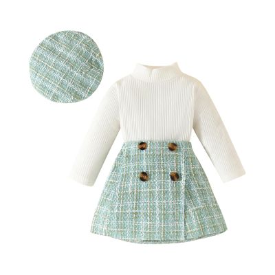 KMBANGI Toddler Girl Skirt Set Knitted Ribbed Long Sleeve T-Shirt Tops Plaid Tweed Pattern Skirt Beret Fall Winter Clothes (Mint Green, 12-18 Months)
