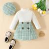 KMBANGI Toddler Girl Skirt Set Knitted Ribbed Long Sleeve T-Shirt Tops Plaid Tweed Pattern Skirt Beret Fall Winter Clothes (Mint Green, 12-18 Months) view 2