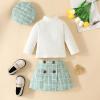 KMBANGI Toddler Girl Skirt Set Knitted Ribbed Long Sleeve T-Shirt Tops Plaid Tweed Pattern Skirt Beret Fall Winter Clothes (Mint Green, 12-18 Months) view 3