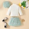 KMBANGI Toddler Girl Skirt Set Knitted Ribbed Long Sleeve T-Shirt Tops Plaid Tweed Pattern Skirt Beret Fall Winter Clothes (Mint Green, 12-18 Months) view 4