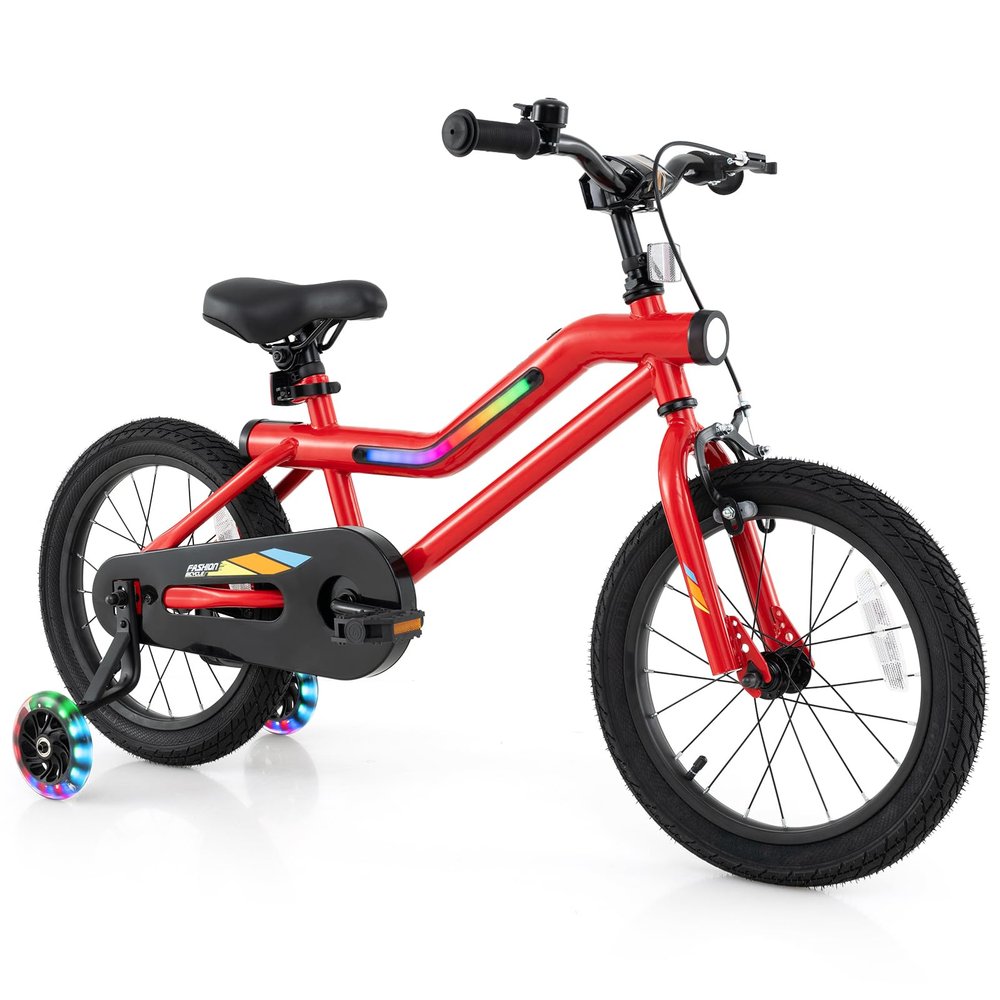 BABY JOY Lighted Kids Bike, 16 Inch LED Lighted Frame Children Bicycle with Headlight, Adjustable Seat, Training Wheels, Coaster Brake & Handbrake, Girls Boys Bike for 4-7 Years (Red)
