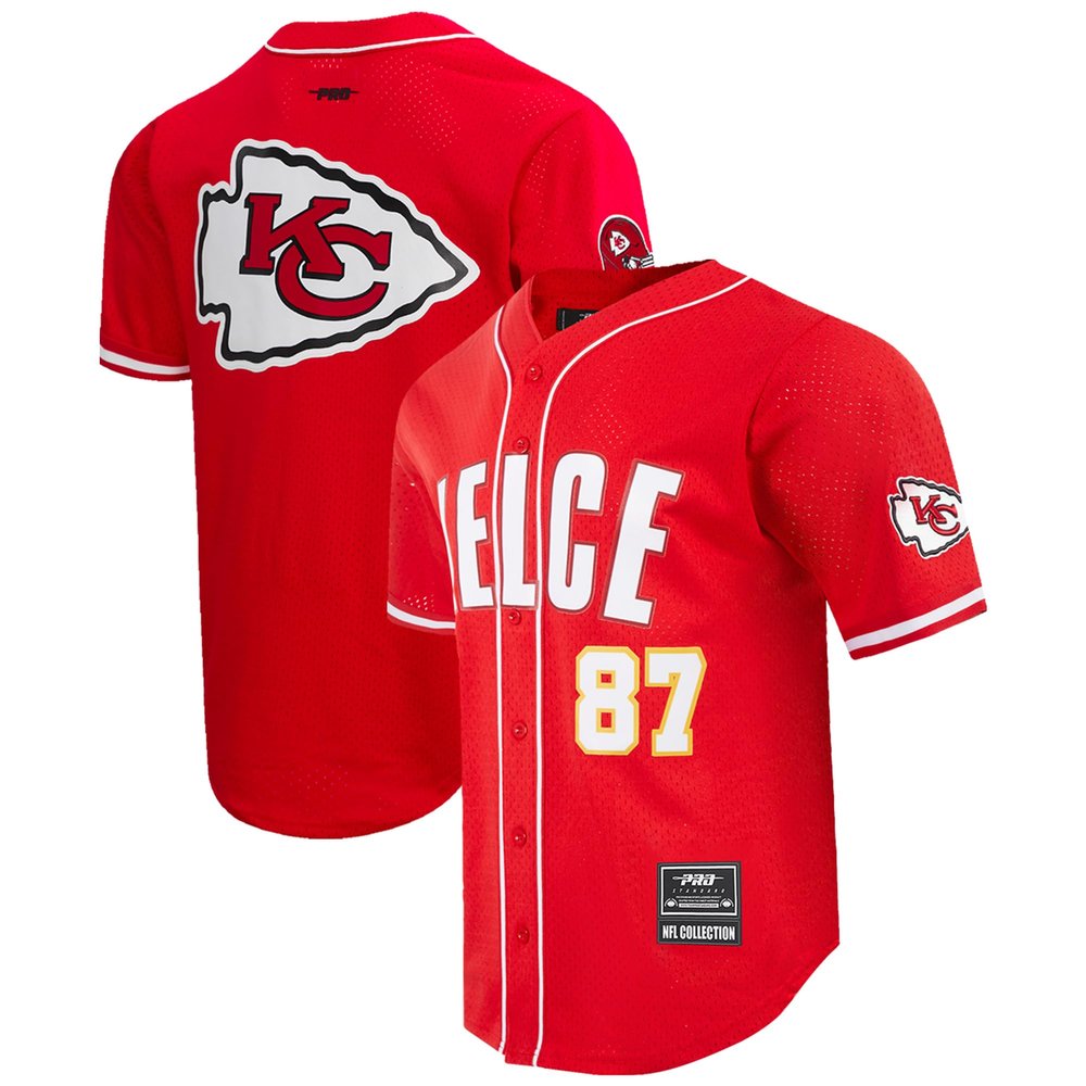 Pro Standard Men's Travis Kelce Red Kansas City Chiefs Mesh Button-Up Baseball Jersey