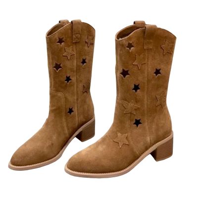 Mid Calf Boots for Women Pointed Toe Hollowed Out Cowboy Boots Pull On Suede Boots Western Riding Boots