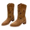 Mid Calf Boots for Women Pointed Toe Hollowed Out Cowboy Boots Pull On Suede Boots Western Riding Boots