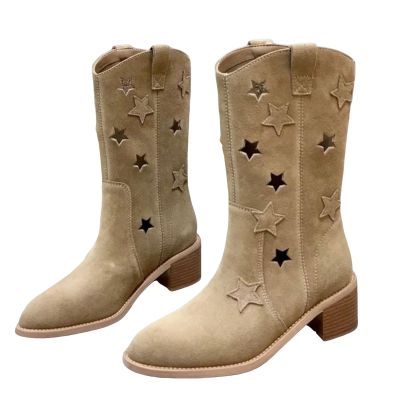 Mid Calf Boots for Women Pointed Toe Hollowed Out Cowboy Boots Pull On Suede Boots Western Riding Boots