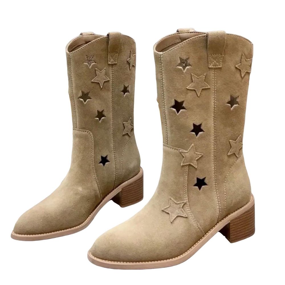 Mid Calf Boots for Women Pointed Toe Hollowed Out Cowboy Boots Pull On Suede Boots Western Riding Boots