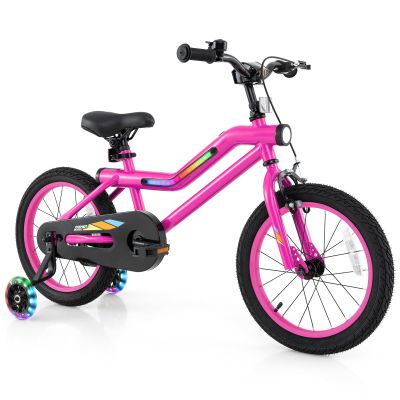 BABY JOY Lighted Kids Bike, 16 Inch LED Lighted Frame Children Bicycle with Headlight, Adjustable Seat, Training Wheels, Coaster Brake & Handbrake, Girls Boys Bike for 4-7 Years (Pink)