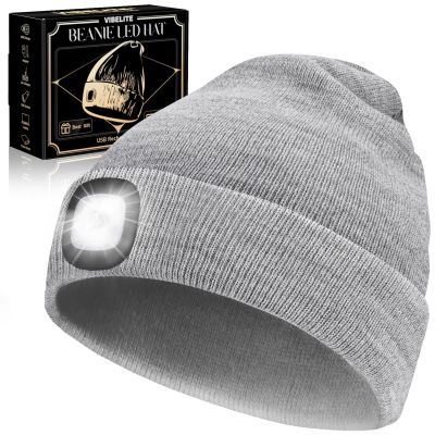 VIBELITE LED Beanie Hat with Light, USB Rechargeable LED Headlamp for Hiking, Camping, Valentines Day Gifts for Him, Men, Teen Boys, Husband, Women, Boyfriend, Grey