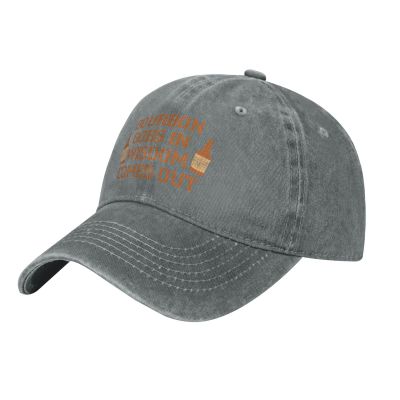 Bourbon Goes in Wisdom Comes Out Funny Dad Hat Men Women Distressed Washed Denim Cowboy Baseball Cap Gray