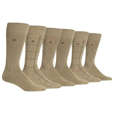 Chaps Men's Dashed Windowpane Dress Crew Socks 6 Pair Pack, Tan, Men's Shoe Size 6.5-12