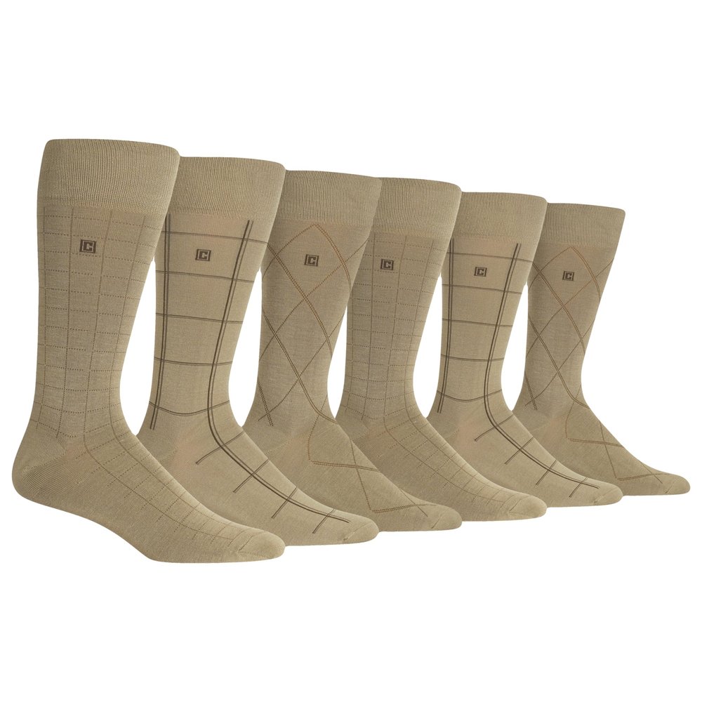 Chaps Men's Dashed Windowpane Dress Crew Socks 6 Pair Pack, Tan, Men's Shoe Size 6.5-12