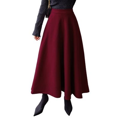 Womens Plaid Wool Long Skirt Vintage High Waist A-line Fall/Winter Midi Skirt Wine red M