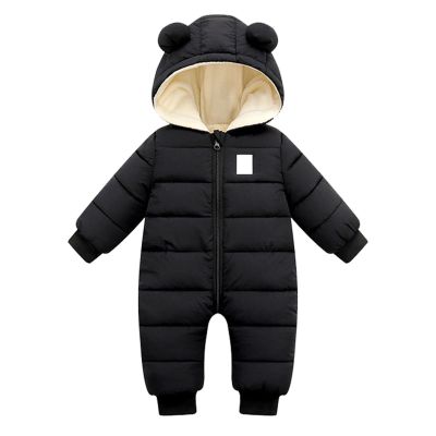 KAGAYD Baby Boys Girls Snowsuits Newborn Winter Warm Solid 1 Piece Outfits Infants Bear Hooded (Black, 12-18 Months)