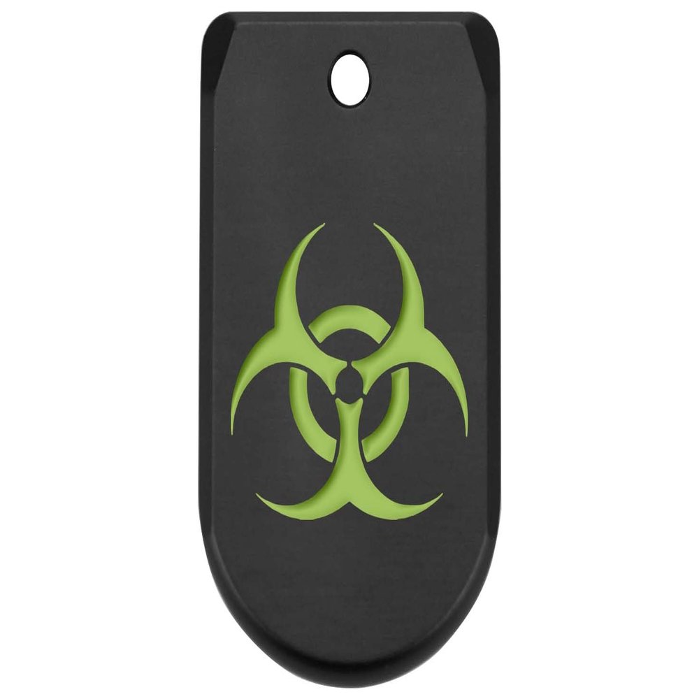 NDZ Performance Magazine Base Plate Finger Extension for Sig P365 & P365 SAS 9mm, Anodized Aluminum with Green Color Filled Engraving, P365 Accessories - Biohazard