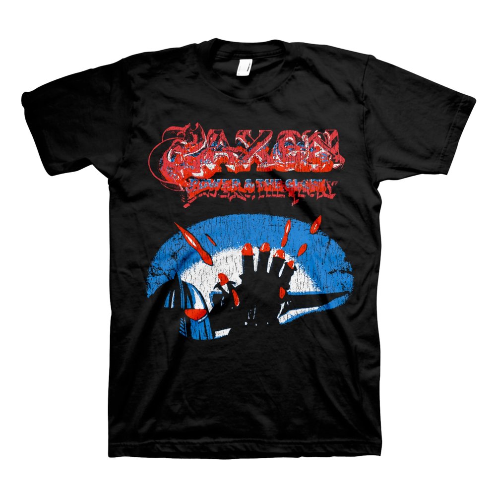 2Bhip Saxon Power & The Glory Vintage Style Heavy Metal Band Graphic Adult Short Sleeve T-Shirt - Black, X-Large