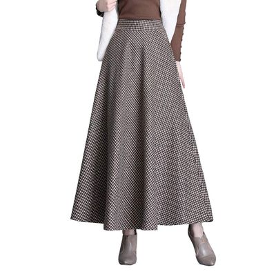 Womens Plaid Wool Long Skirt Vintage High Waist A-line Fall/Winter Midi Skirt Black 3XL