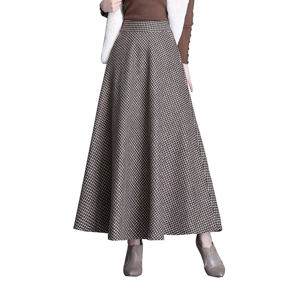 Womens Plaid Wool Long Skirt Vintage High Waist A-line Fall/Winter Midi Skirt Black 3XL