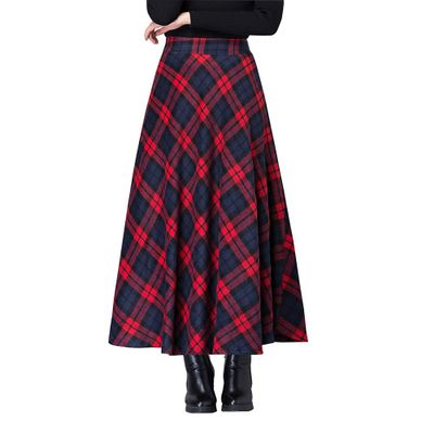 Womens Plaid Wool Long Skirt Vintage High Waist A-line Fall/Winter Midi Skirt Red 3XL