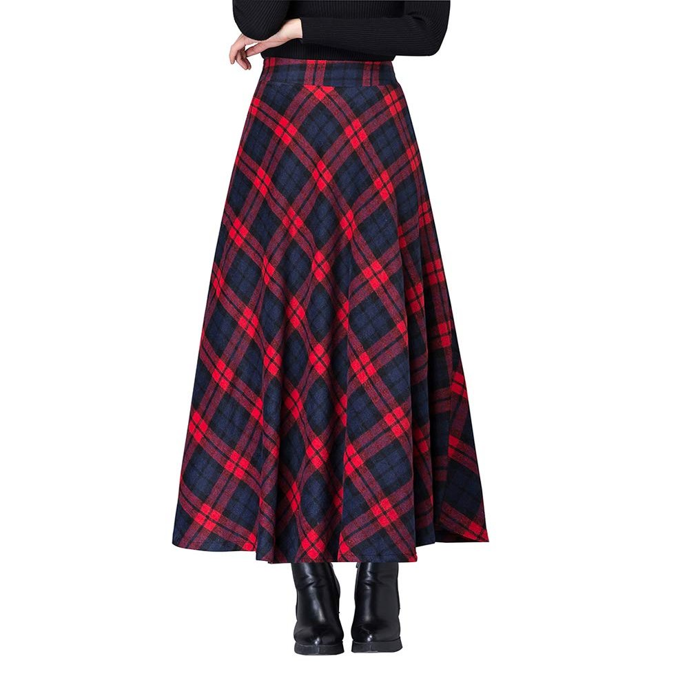 Womens Plaid Wool Long Skirt Vintage High Waist A-line Fall/Winter Midi Skirt Red 3XL