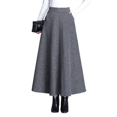 Womens Plaid Wool Long Skirt Vintage High Waist A-line Fall/Winter Midi Skirt Khaki S