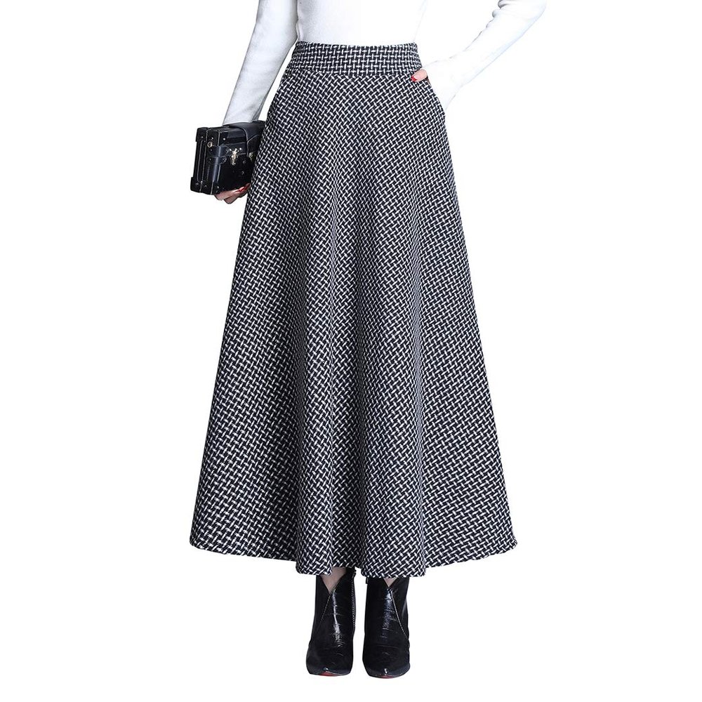 Womens Plaid Wool Long Skirt Vintage High Waist A-line Fall/Winter Midi Skirt Khaki S