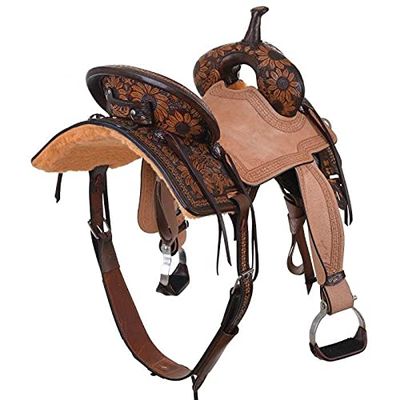AD Saddlery Western Barrel Racing Horse Saddles Handmade Premium Leather Comfort for Horses Trail Equestrian Tooled Carved Horse Saddle for Riding Size: 10"-18" inches Seat MO153 (15.5)