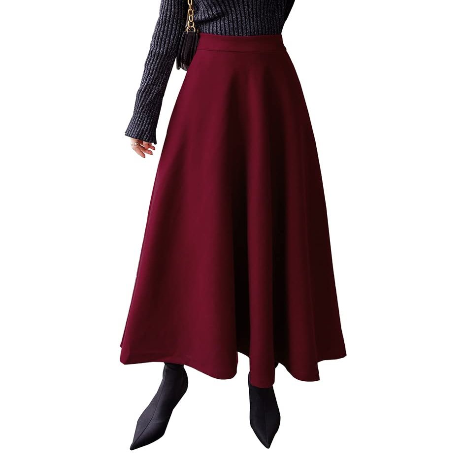 Womens Plaid Wool Long Skirt Vintage High Waist A-line Fall/Winter Midi Skirt Wine red L