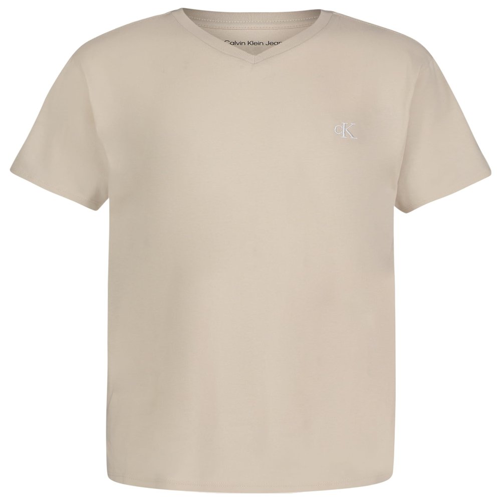 Calvin Klein Boys' Short Sleeve Solid V-Neck T-Shirt, Soft, Comfortable, Relaxed Fit, Oatmeal, 14-16