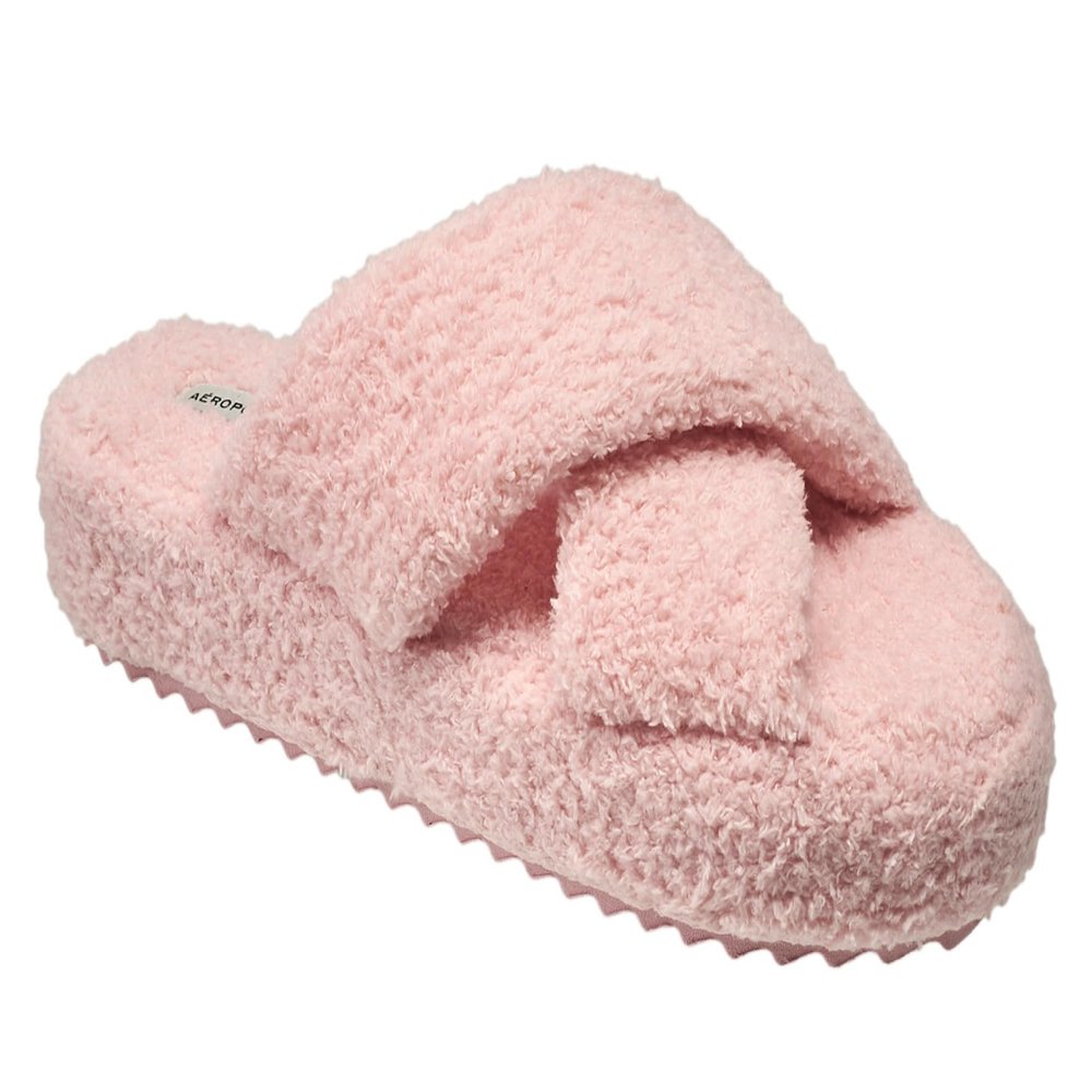AEROPOSTALE Fuzzy Open Toe Slippers Shoes for Women  Soft Faux Sherpa Fur House Slippers with Memory Foam X Band, Indoor & Outdoor Non-Slip Sole, Design for Bedroom & Lounge (Blush Size 5-6 Small)