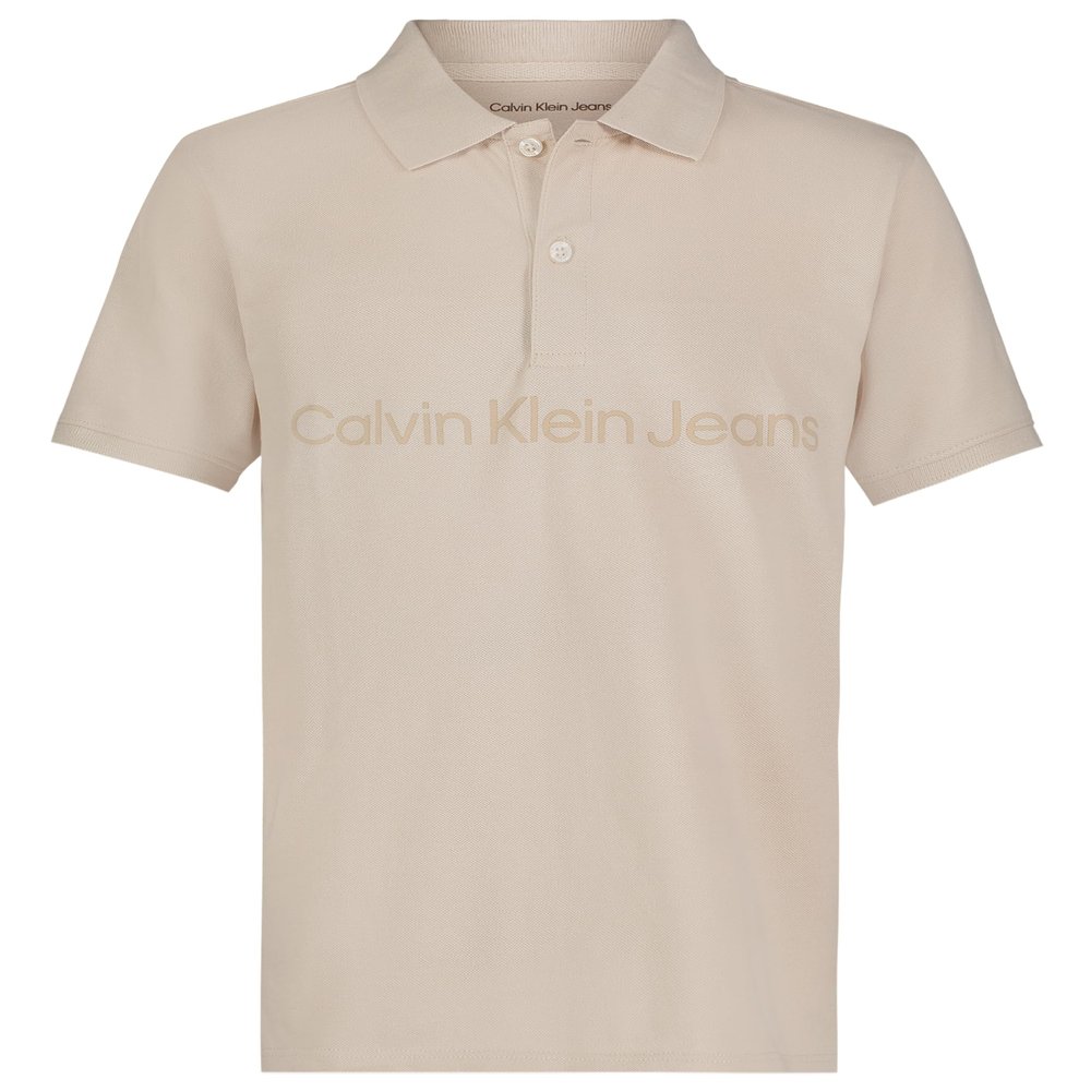 Calvin Klein Boys' Short Sleeve Micro Pique Solid Polo, Button Closure, Soft & Comfortable, Clean Logo Oatmeal, 18-20