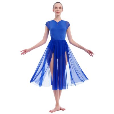 AFAVOM Women Lyrical Modern Contemporary Dance Dress Adult Elegant Split Mesh Flowy Dress Dancewear Tulle Ballet Leotard Lyrical Dancing Performance Costume Backless Ballroom Dress Royal Blue XL