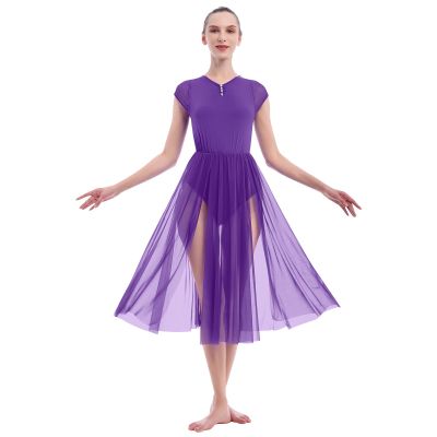 AFAVOM Women Lyrical Modern Contemporary Dance Dress Adult Elegant Split Mesh Flowy Dress Dancewear Tulle Ballet Leotard Lyrical Dancing Performance Costume Backless Ballroom Dress Purple S