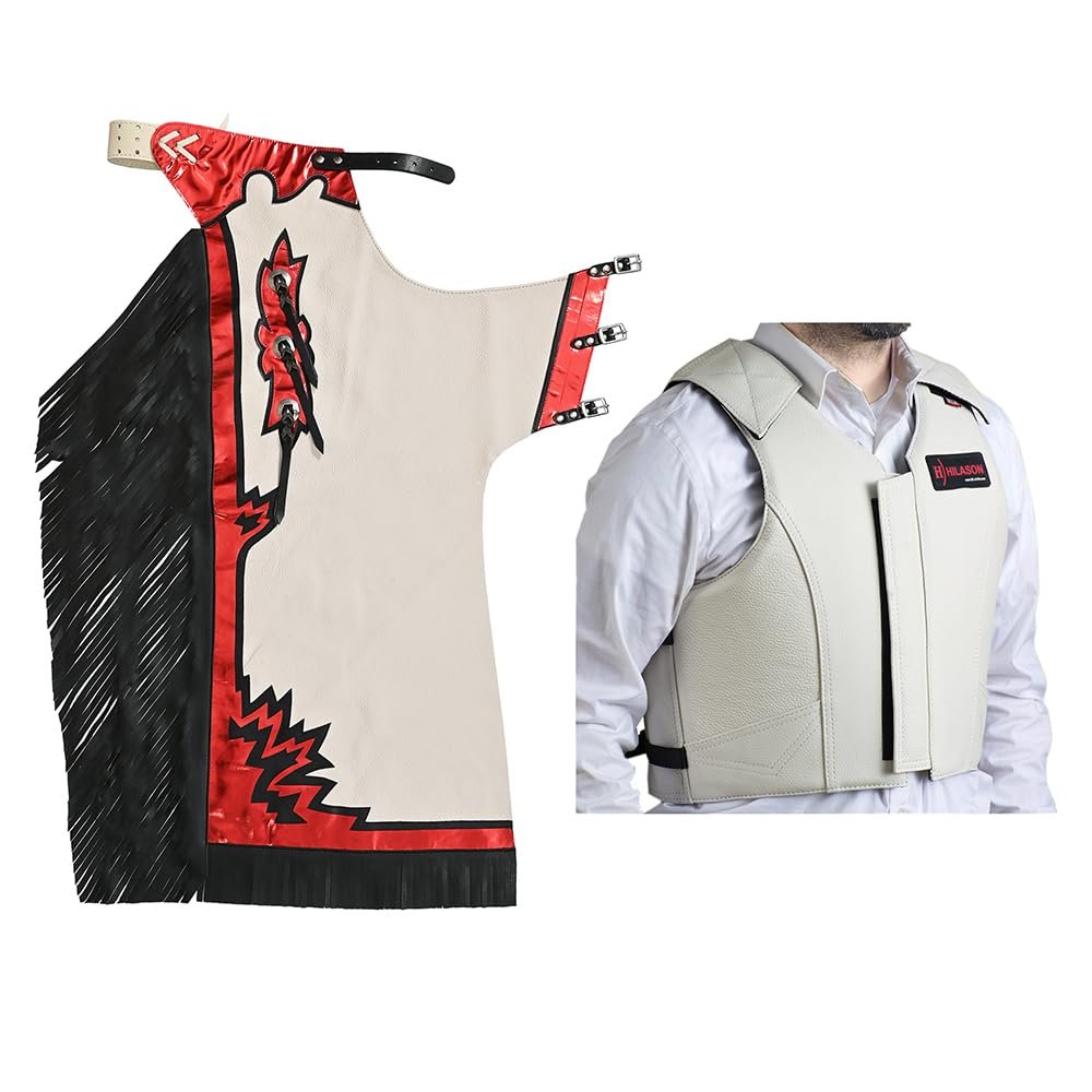 HILASON Western Horse Bull Riding Safety Leather Protective Vest & Rodeo Chaps Combo