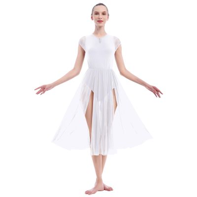 AFAVOM Women Lyrical Modern Contemporary Dance Dress Adult Elegant Split Mesh Flowy Dress Dancewear Tulle Ballet Leotard Lyrical Dancing Performance Costume Backless Ballroom Dress White XS
