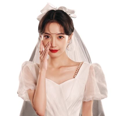 hokojix Wedding Bridal Veil Multi Layer Cut Hair Accessories for Bride Short Sheer Tulle Beads Decoration Snow Ribbon Bow