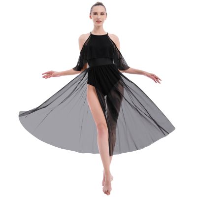 AFAVOM Women Lyrical Dance Costume Adult Elegant Modern Contemporary Dress Dancewear Side Split Mesh Dress Halter Ballet Leotard Lyrical Dancing Performance Ballroom Party Dress Black XS