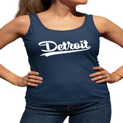 Go All Out X-Large Navy Blue Women Fitted City of Detroit Michigan Script Sleeveless Tank Top T-Shirt
