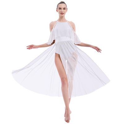 AFAVOM Women Lyrical Dance Costume Adult Elegant Modern Contemporary Dress Dancewear Side Split Mesh Dress Halter Ballet Leotard Lyrical Dancing Performance Ballroom Party Dress White L