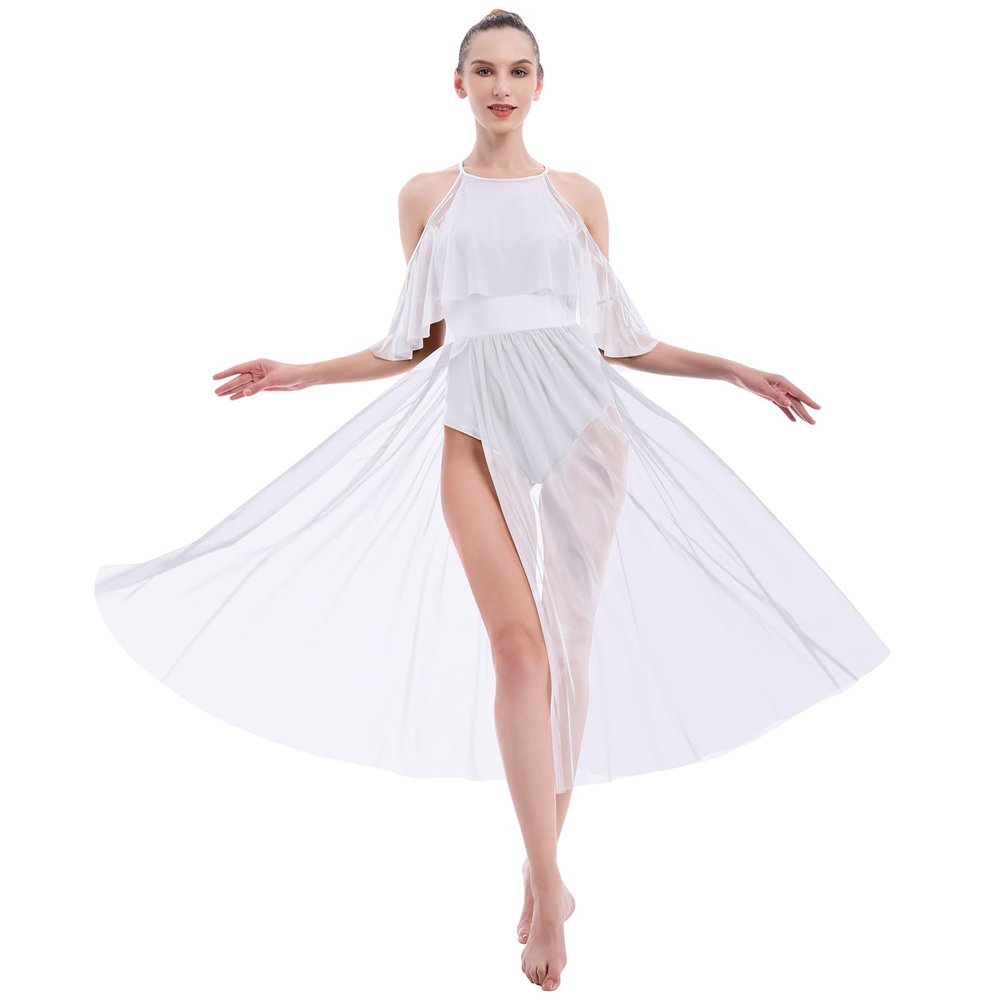 AFAVOM Women Lyrical Dance Costume Adult Elegant Modern Contemporary Dress Dancewear Side Split Mesh Dress Halter Ballet Leotard Lyrical Dancing Performance Ballroom Party Dress White L