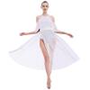 AFAVOM Women Lyrical Dance Costume Adult Elegant Modern Contemporary Dress Dancewear Side Split Mesh Dress Halter Ballet Leotard Lyrical Dancing Performance Ballroom Party Dress White L view 1