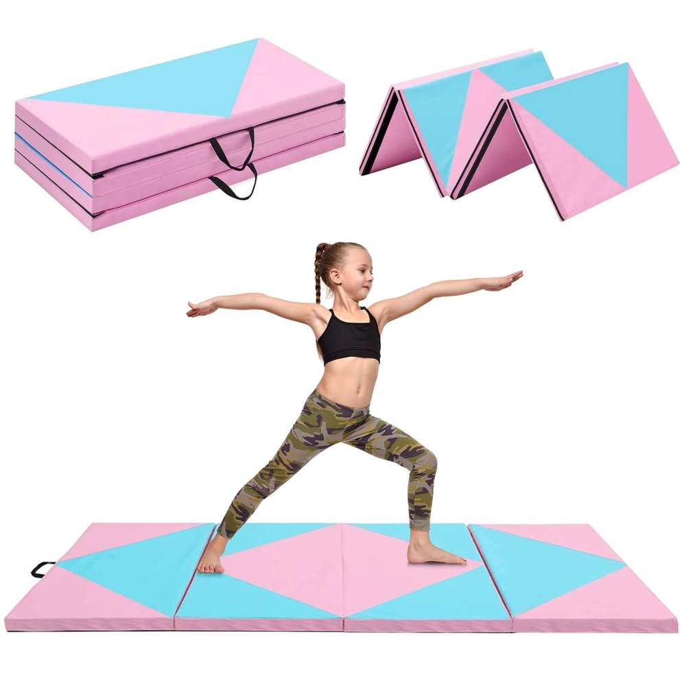 MarKnig 10x4x2Foldable Gymnastics Mat with Carrying Handle, 2-Inch Thick Exercise Tumbling Mat for Kids, Home Exercise Fitness Mats for Aerobics, Yoga, Stretching,(Pink&Blue)